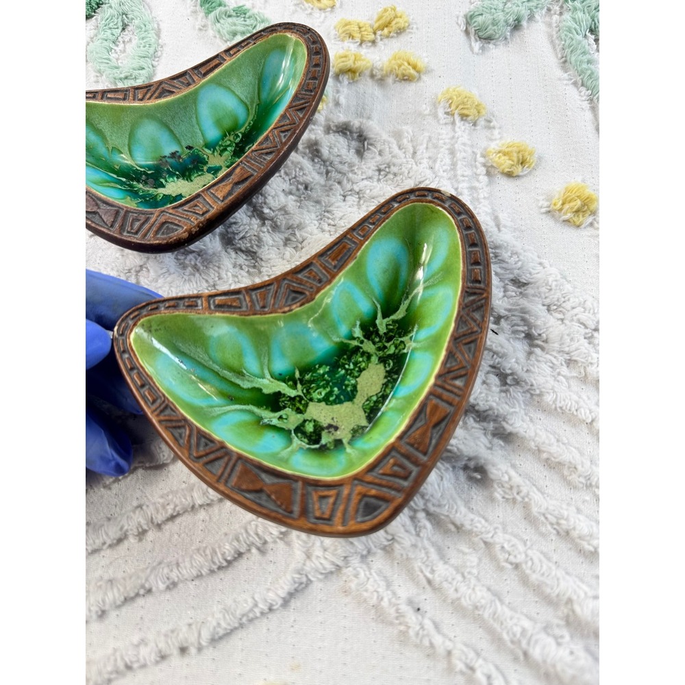 Vintage Treasure Craft USA Boomerang Trinket Dish Set 1960s Green Drip Glaze MCM - Picture 2 of 7